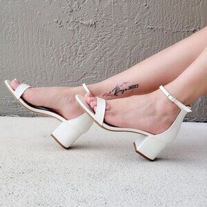 White Ankle Straps Low Chunky Heels Sandals